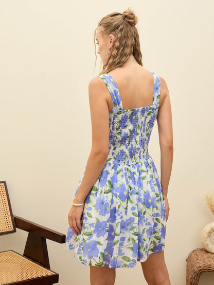 Women Blue Floral Square Neck Short Dress