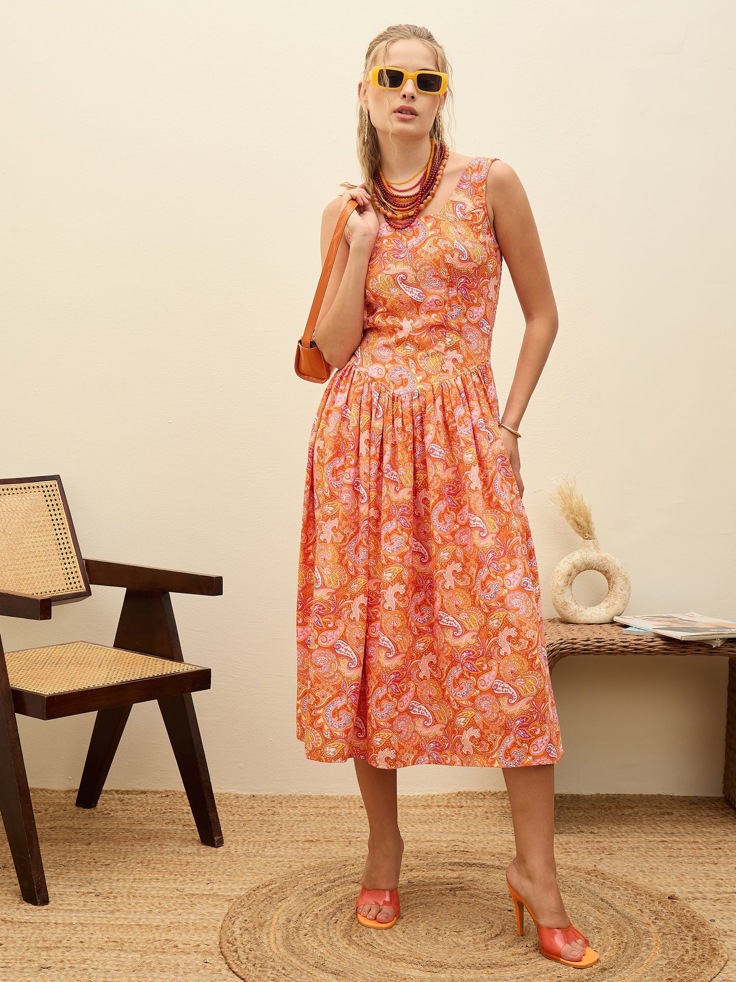 Women Orange Paisley Strappy Midi Dress