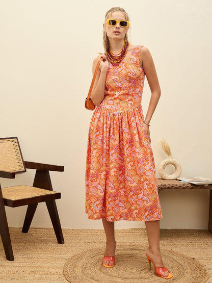 Women Orange Paisley Strappy Midi Dress