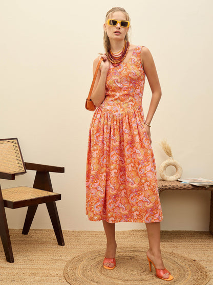 Women Orange Paisley Strappy Midi Dress