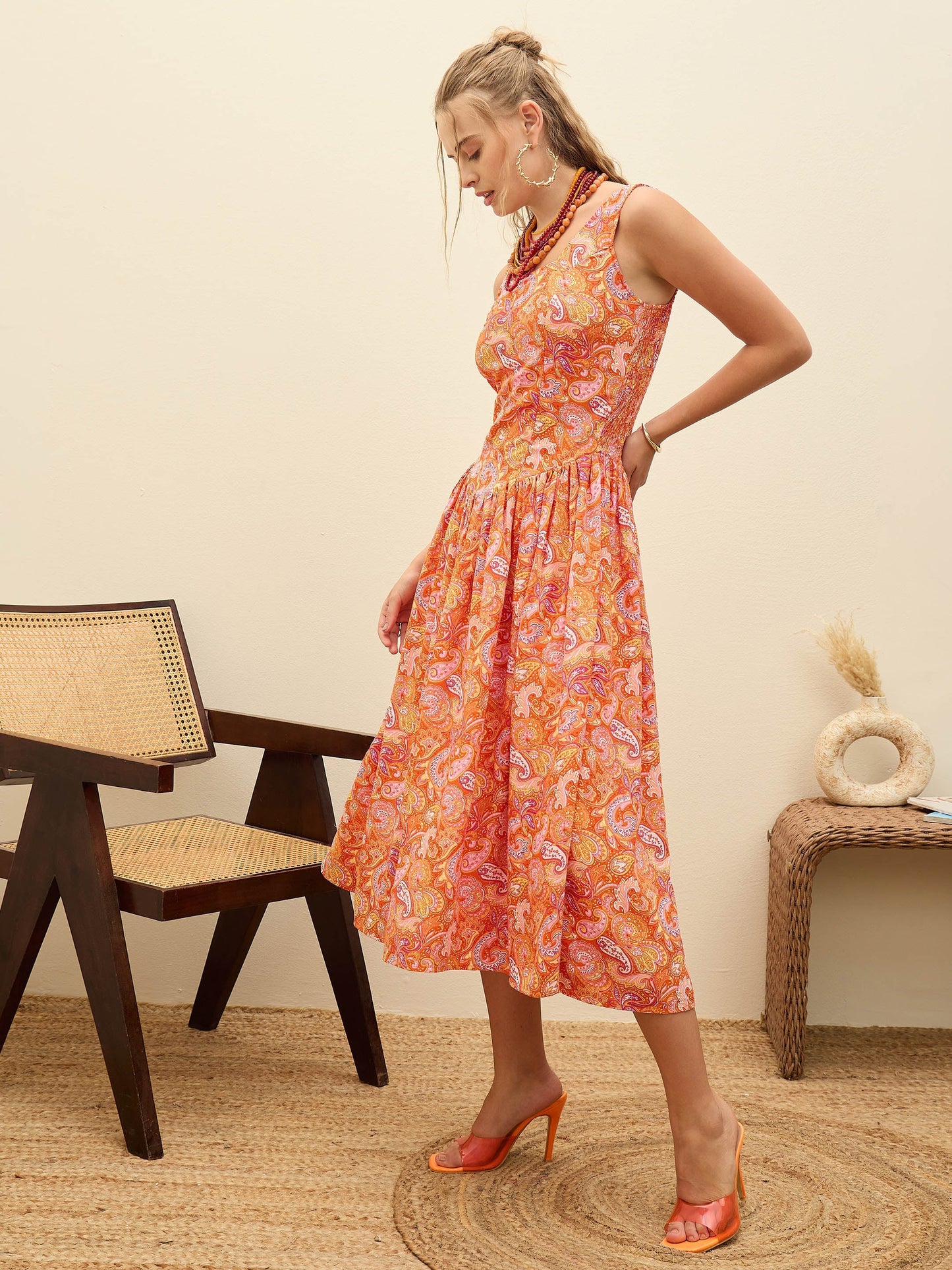 Women Orange Paisley Strappy Midi Dress