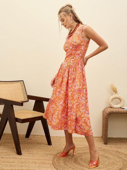 Women Orange Paisley Strappy Midi Dress