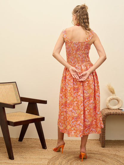 Women Orange Paisley Strappy Midi Dress