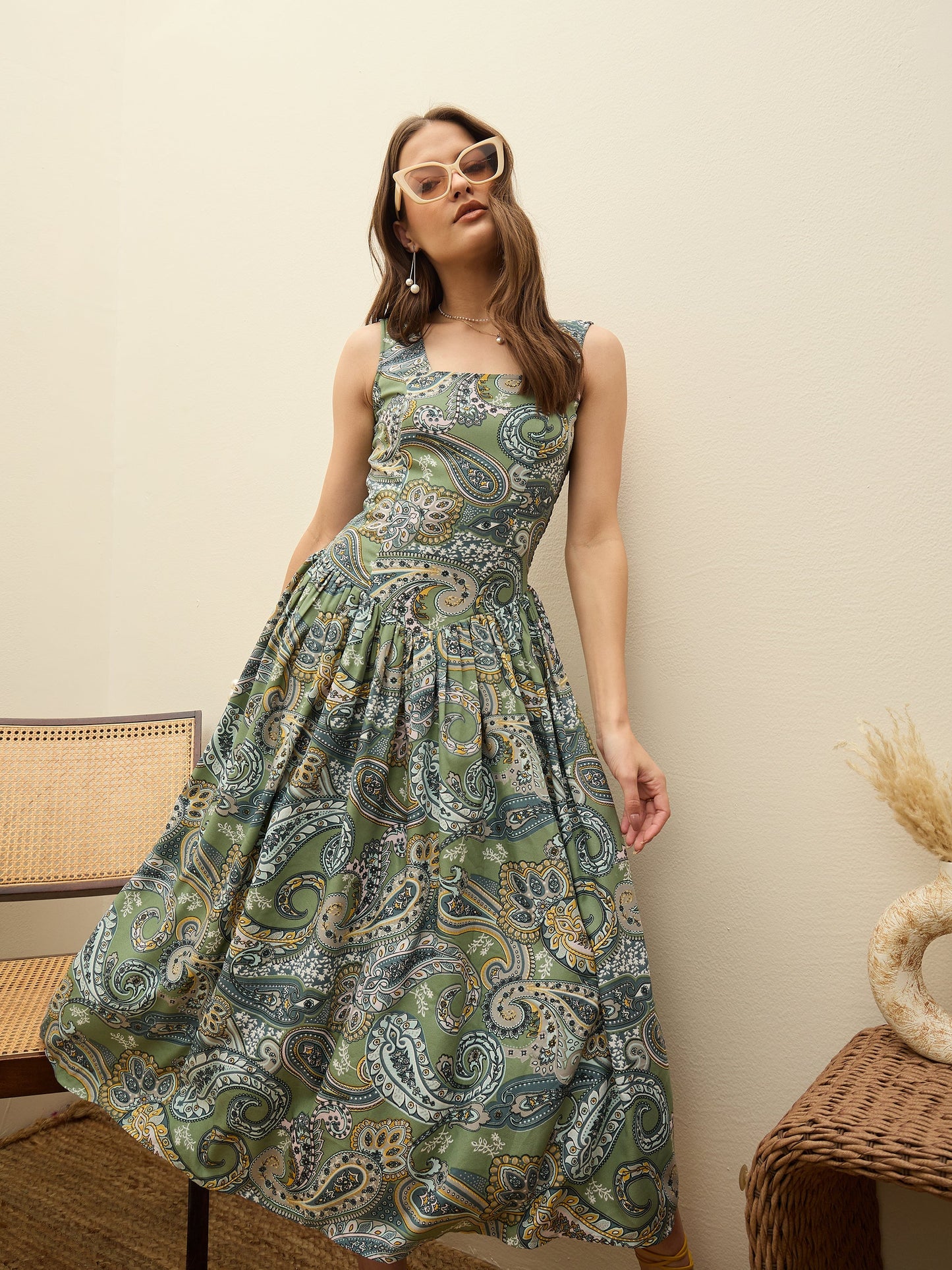 Women Green Paisley Strappy Midi Dress