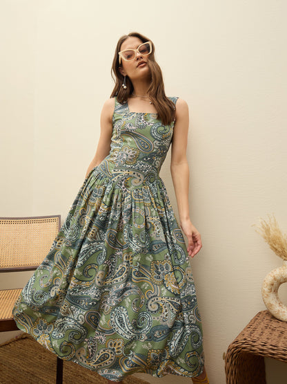 Women Green Paisley Strappy Midi Dress