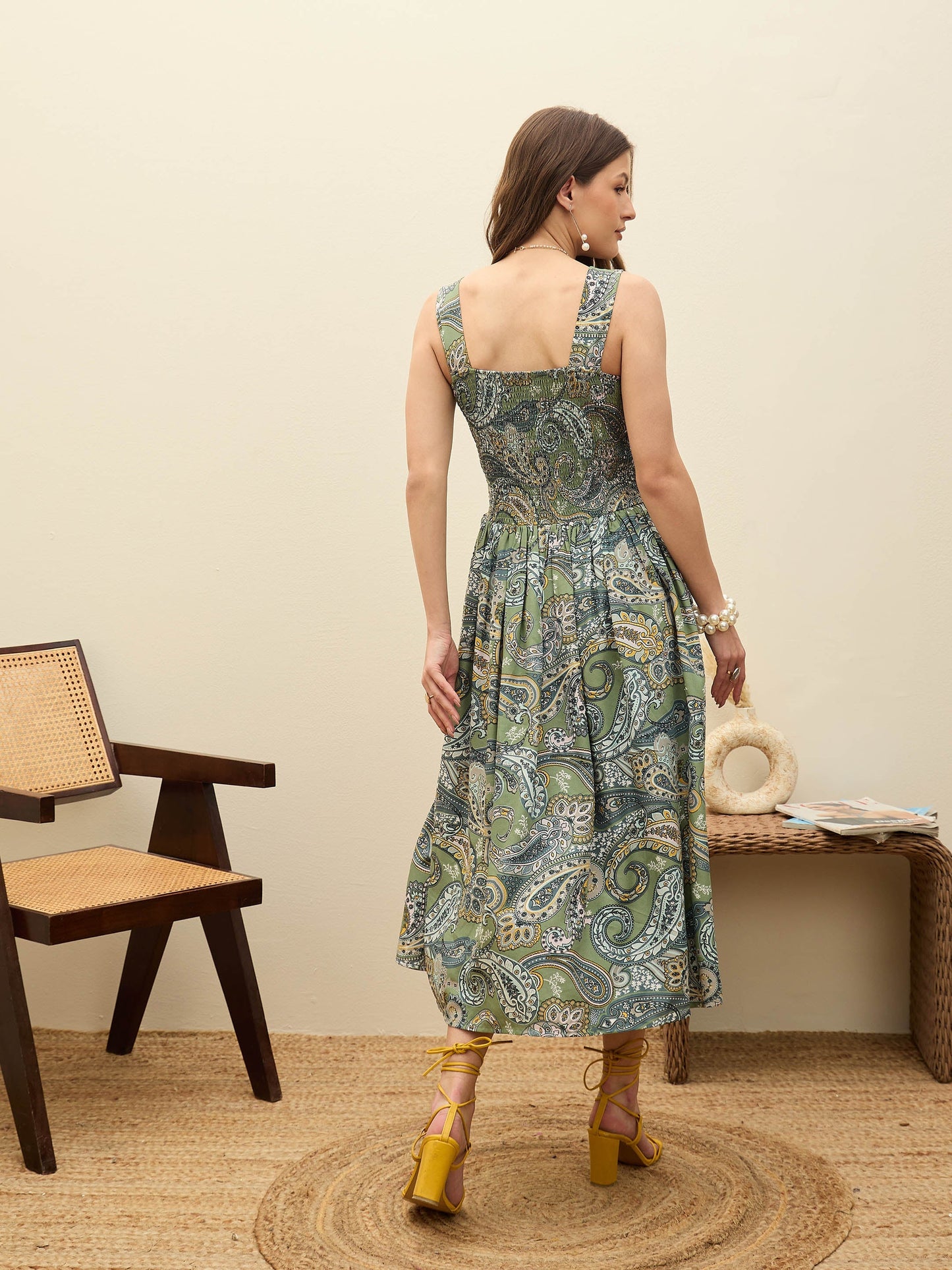 Women Green Paisley Strappy Midi Dress