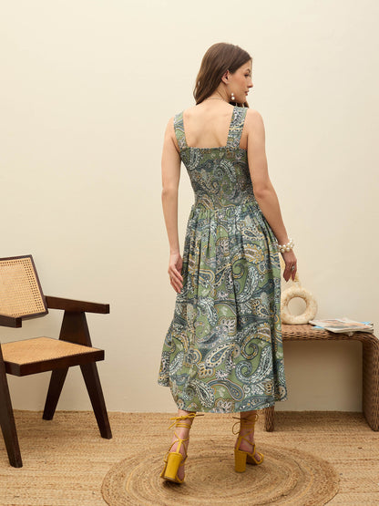 Women Green Paisley Strappy Midi Dress