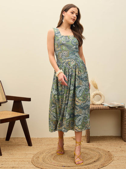 Women Green Paisley Strappy Midi Dress