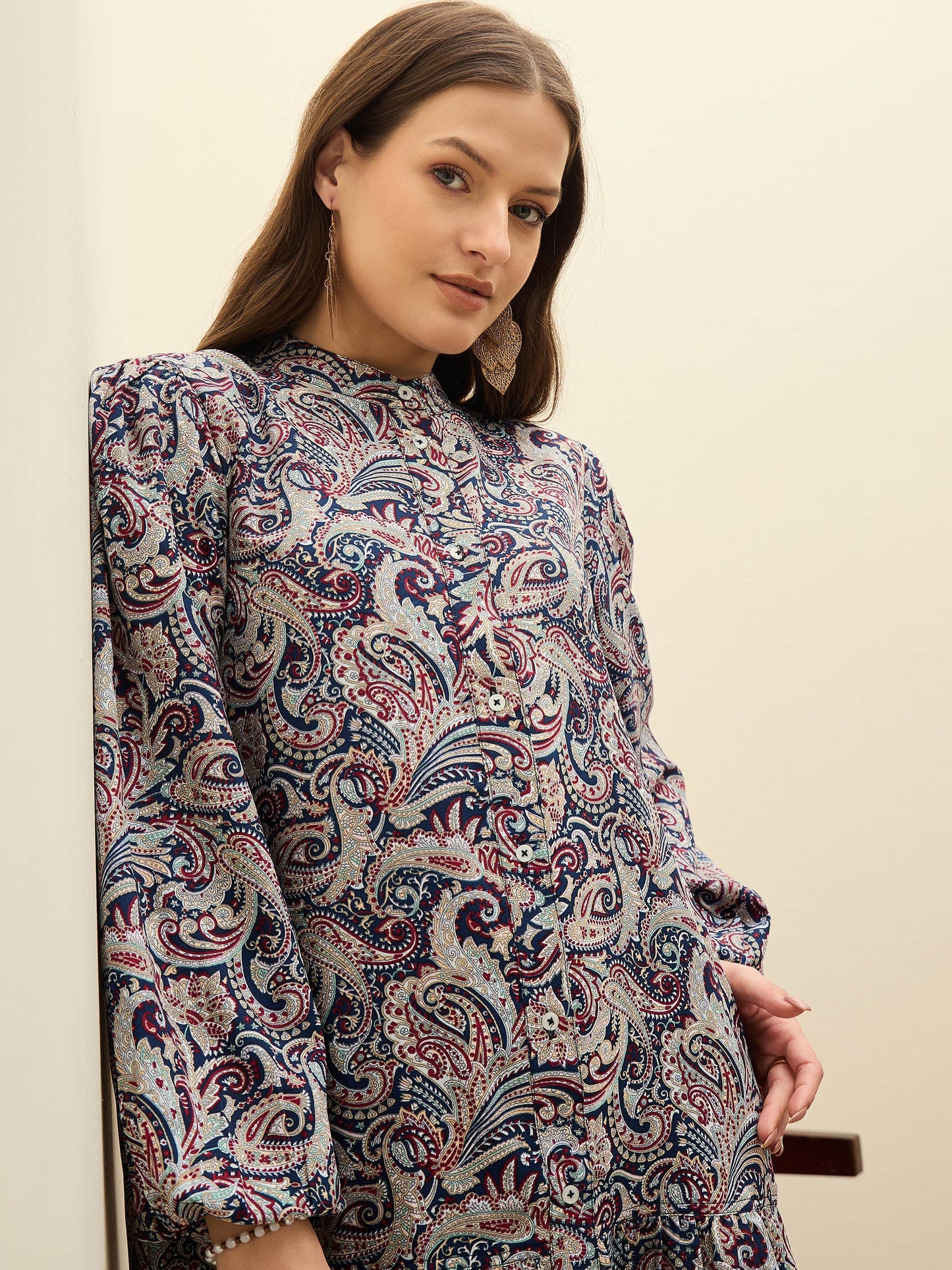 Navy Blue Paisley Shirt Dress