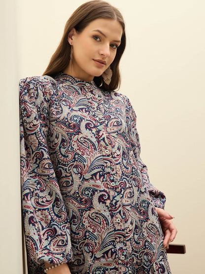 Navy Blue Paisley Shirt Dress