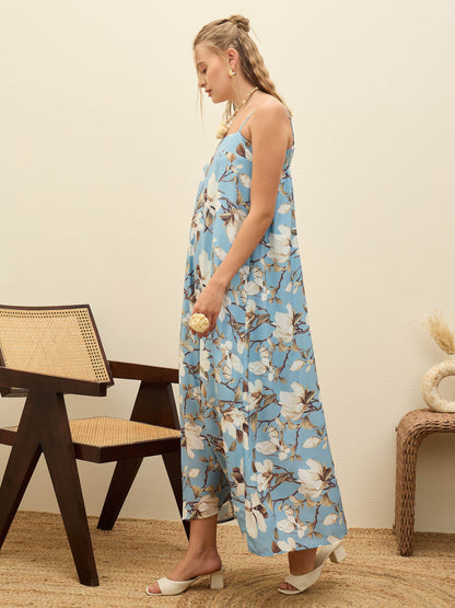 Women Blue Floral Strappy Loose Fit Maxi Dress