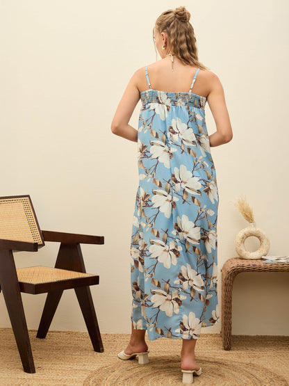 Women Blue Floral Strappy Loose Fit Maxi Dress
