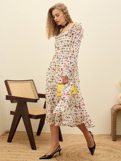 Women Off-White Ditsy Floral Square Neck Maxi Dress