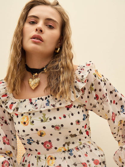 Women Off-White Ditsy Floral Square Neck Maxi Dress