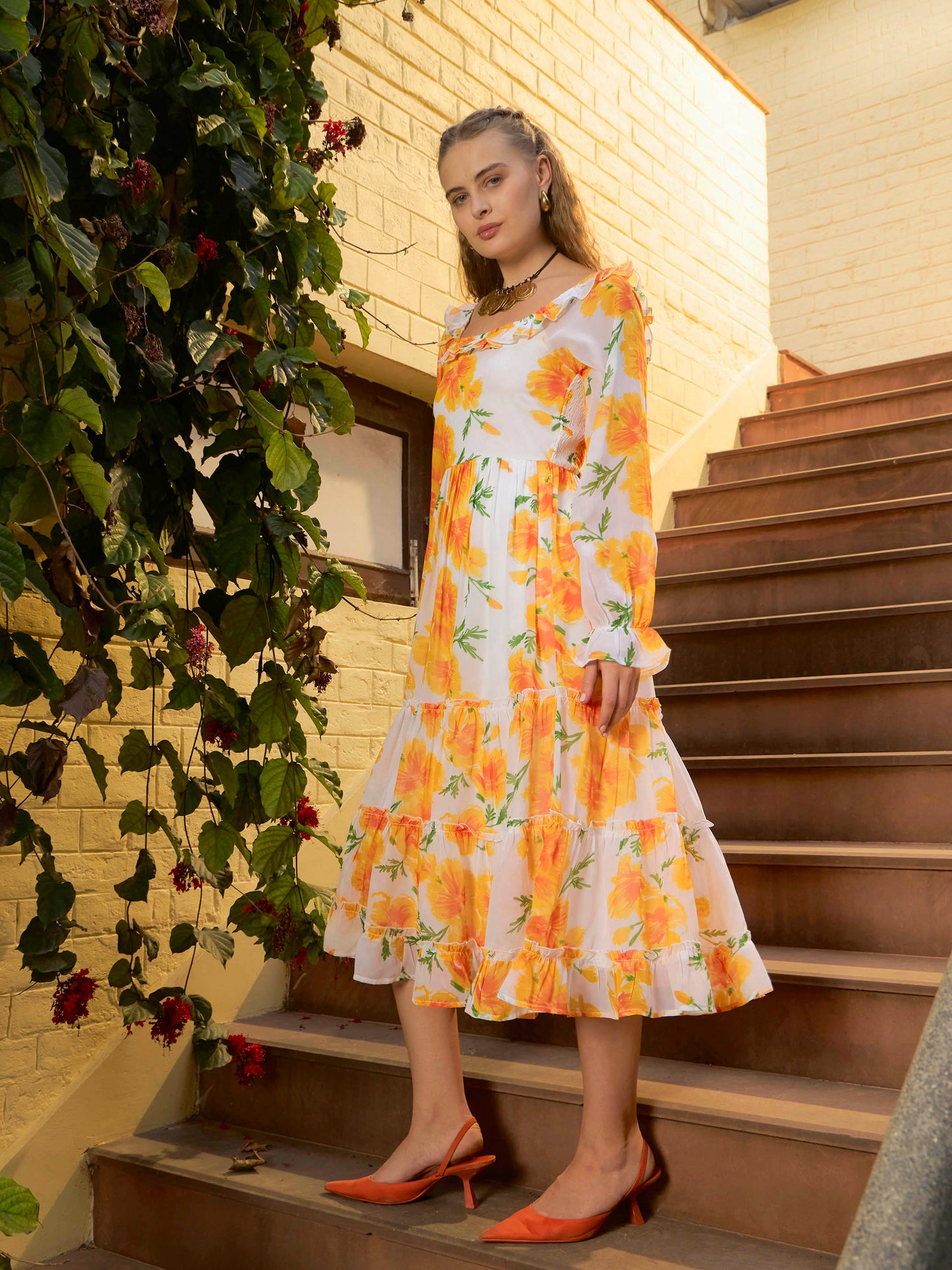 Women Yellow Floral Square Neck Maxi Dress