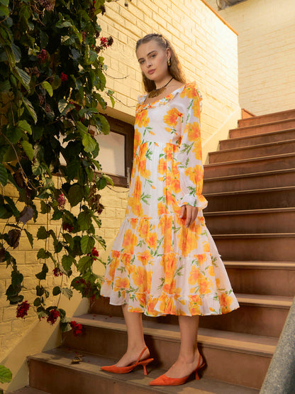 Women Yellow Floral Square Neck Maxi Dress