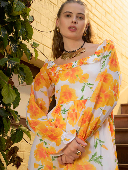 Women Yellow Floral Square Neck Maxi Dress