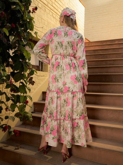 Women Beige Floral Tiered Maxi Dress
