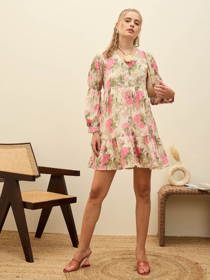 Women Beige Floral Ruffle Hem V-Neck Short Dress
