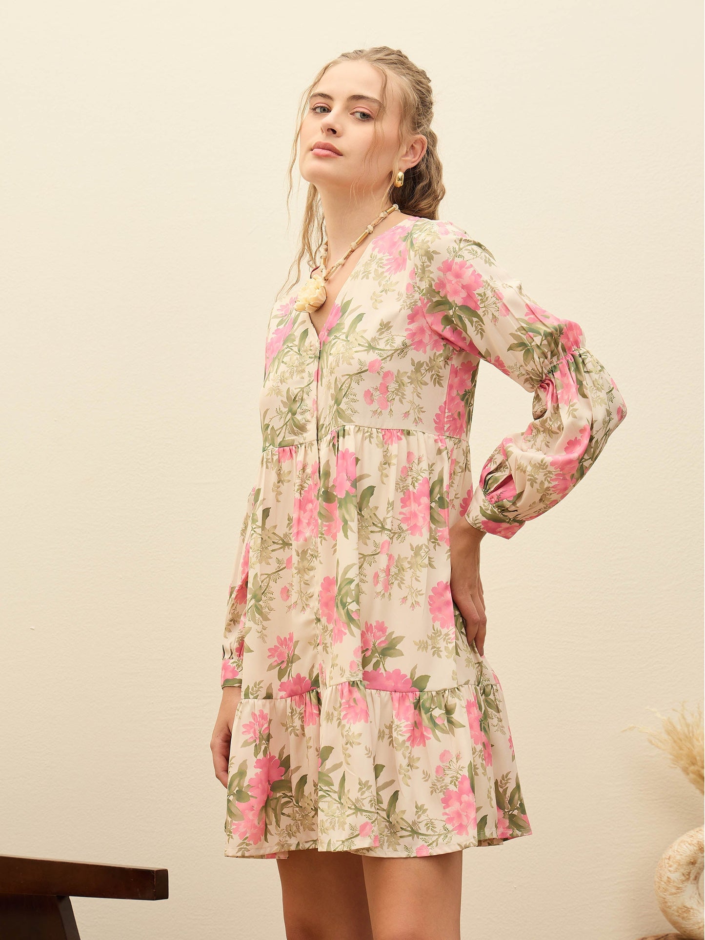 Women Beige Floral Ruffle Hem V-Neck Short Dress