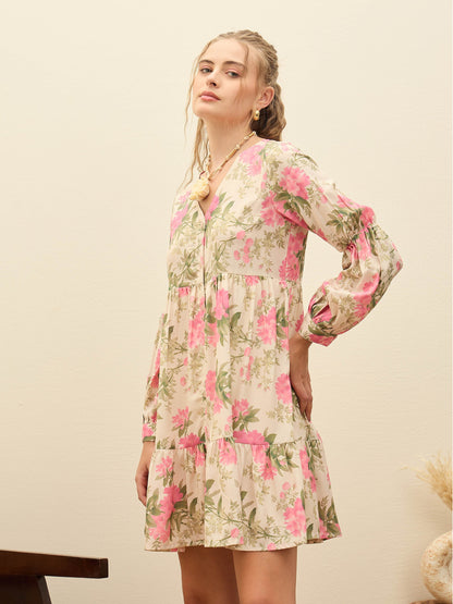 Women Beige Floral Ruffle Hem V-Neck Short Dress