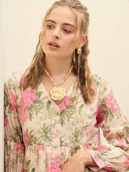 Women Beige Floral Ruffle Hem V-Neck Short Dress