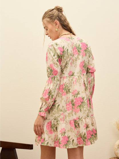 Women Beige Floral Ruffle Hem V-Neck Short Dress