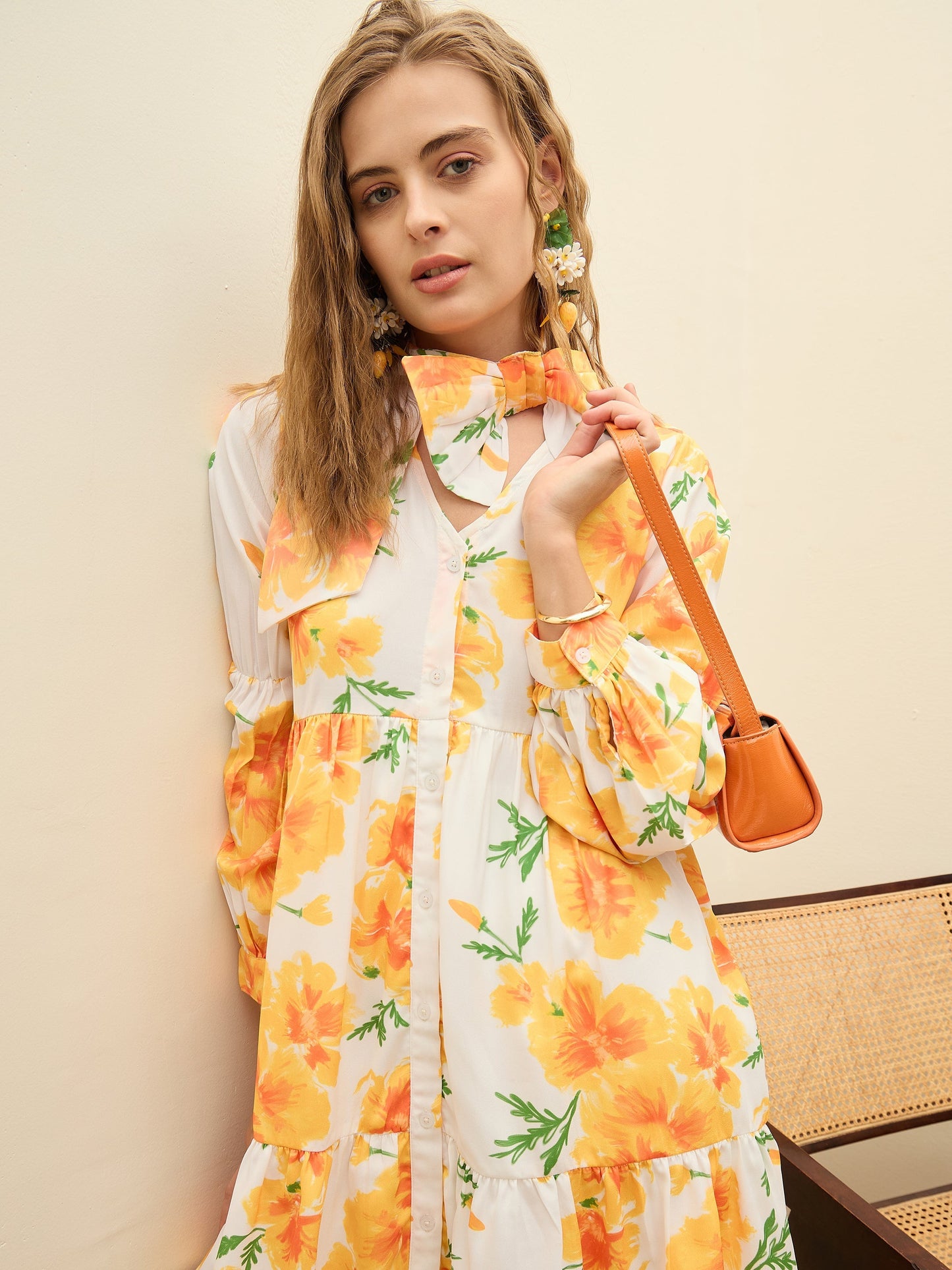 Women Yellow Floral Ruffle Hem V-Neck Short Dress