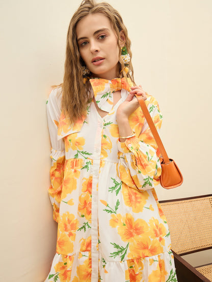 Women Yellow Floral Ruffle Hem V-Neck Short Dress