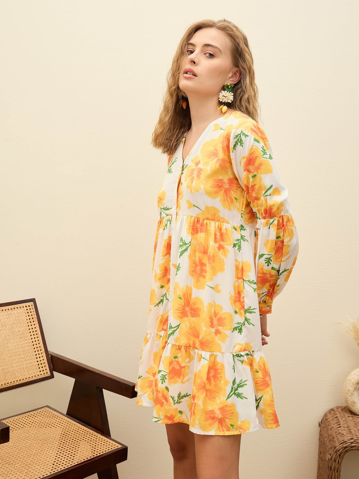 Women Yellow Floral Ruffle Hem V-Neck Short Dress