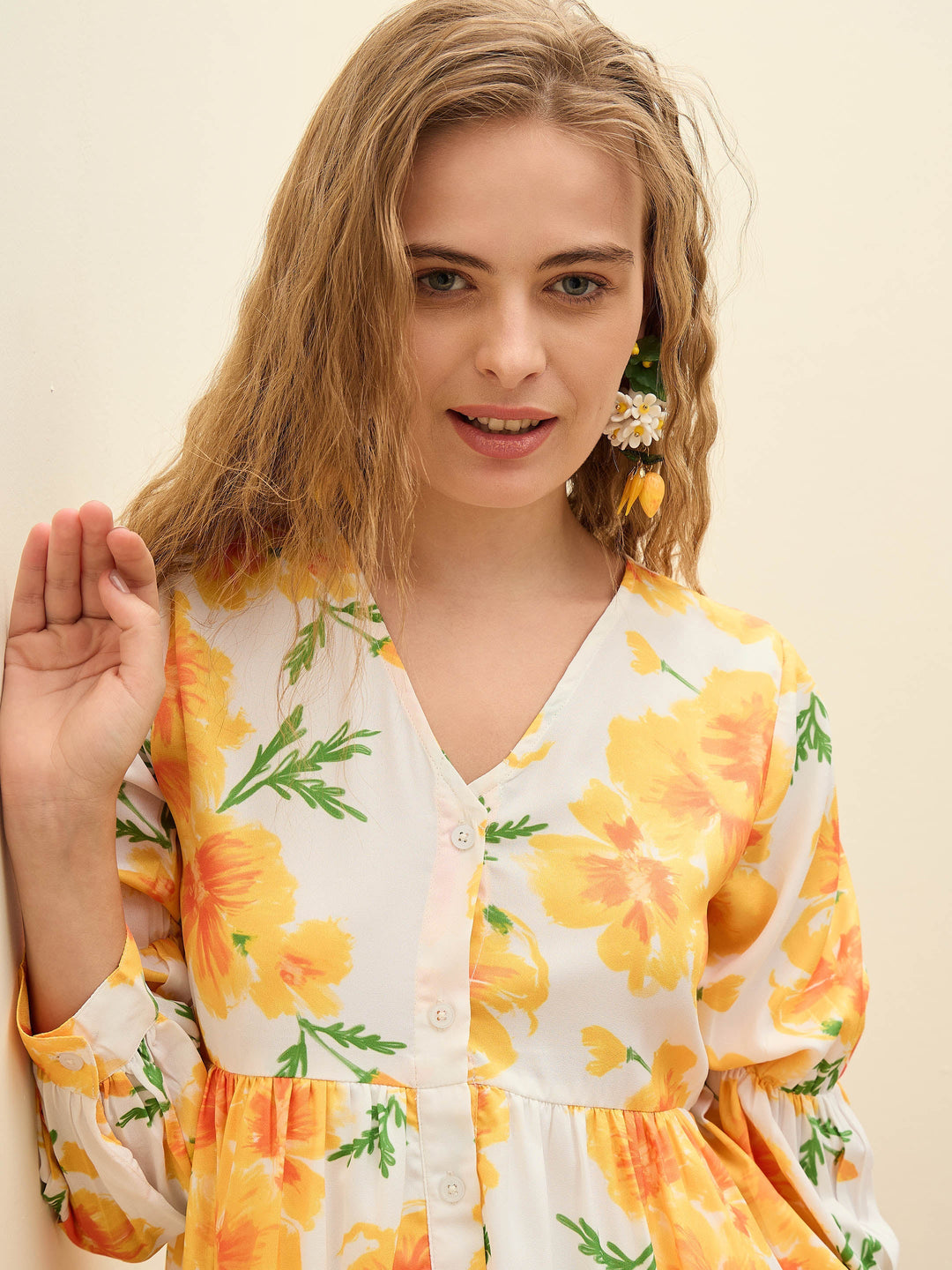 Women Yellow Floral Ruffle Hem V-Neck Short Dress