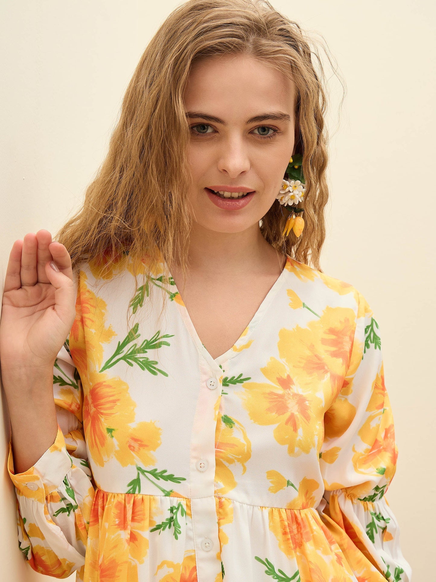 Women Yellow Floral Ruffle Hem V-Neck Short Dress