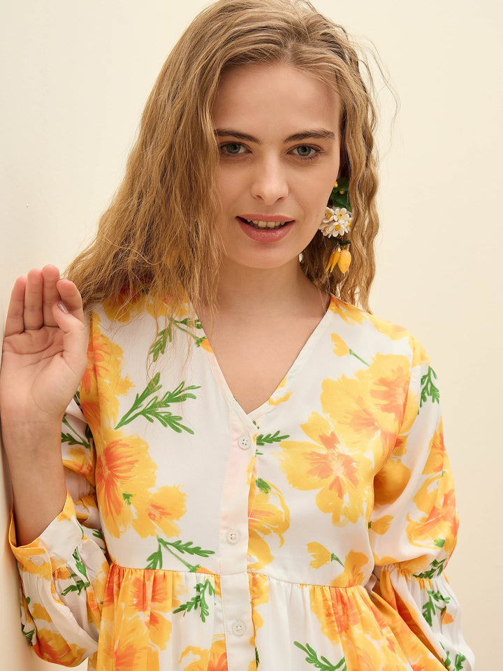 Women Yellow Floral Ruffle Hem V-Neck Short Dress