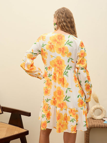 Women Yellow Floral Ruffle Hem V-Neck Short Dress