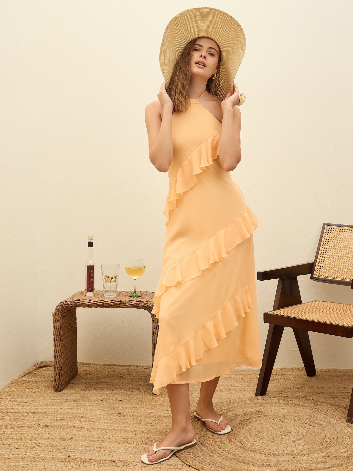 Women Peach Solid Halter Neck Maxi Dress