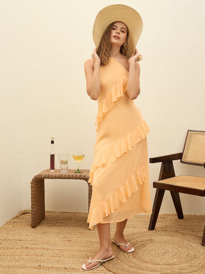 Women Peach Solid Halter Neck Maxi Dress