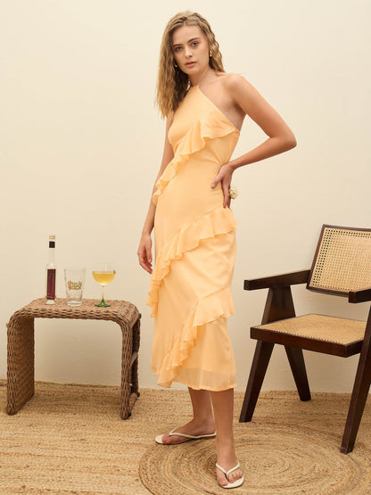 Women Peach Solid Halter Neck Maxi Dress