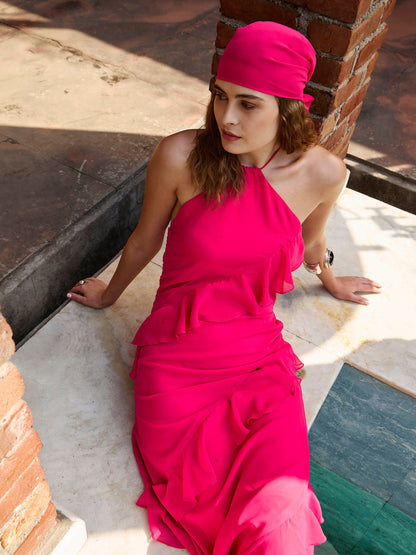 Women Fuchsia Solid Halter Neck Maxi Dress