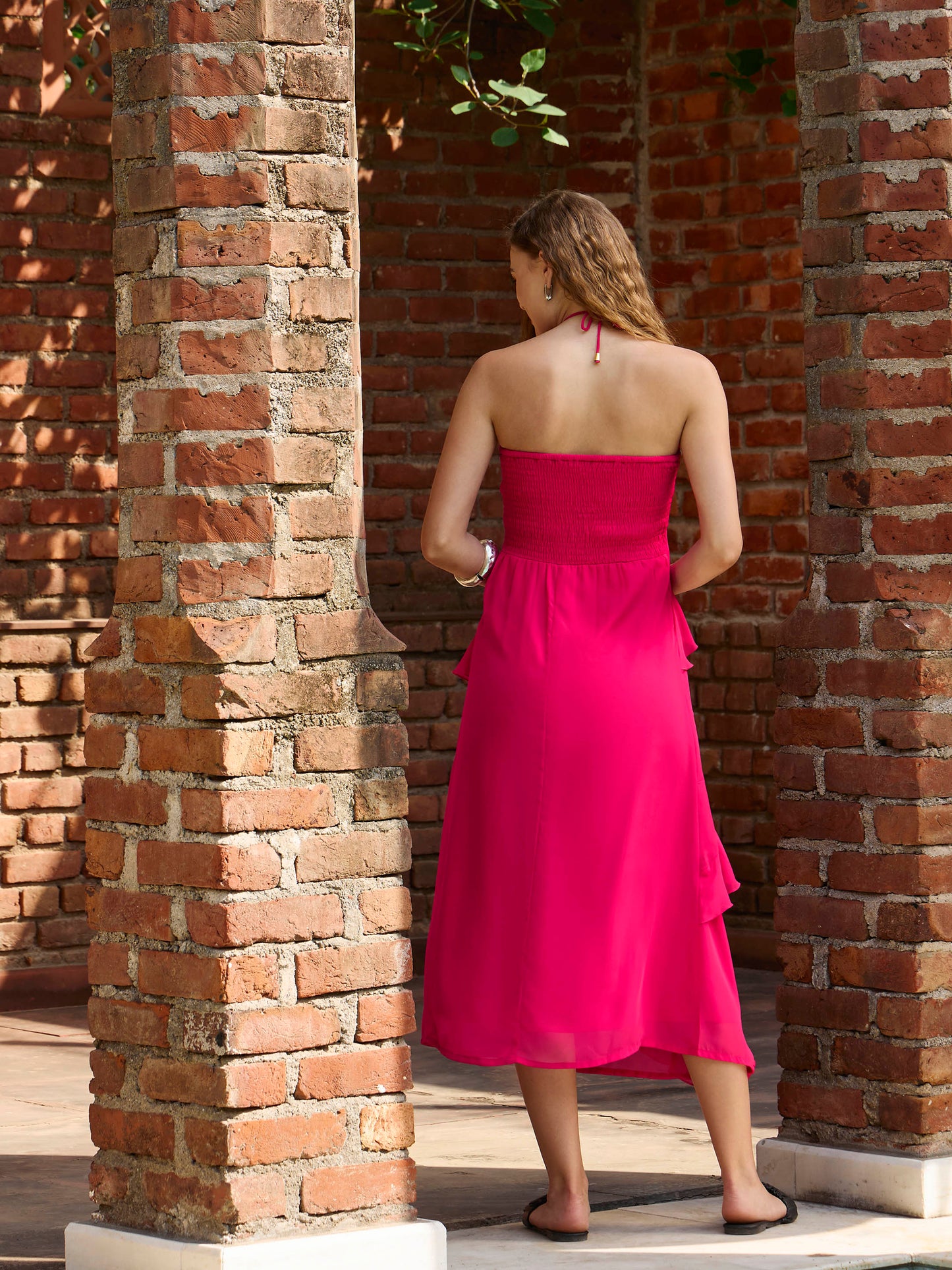 Women Fuchsia Solid Halter Neck Maxi Dress