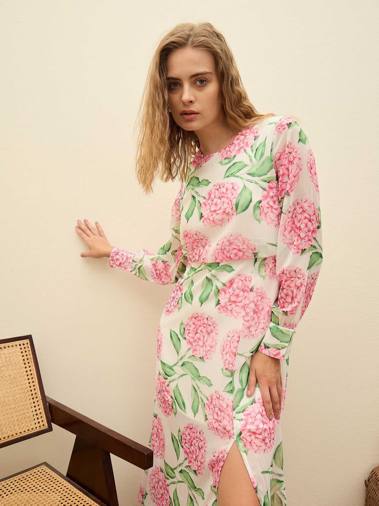 Women White Floral Front Yoke Midi Dress