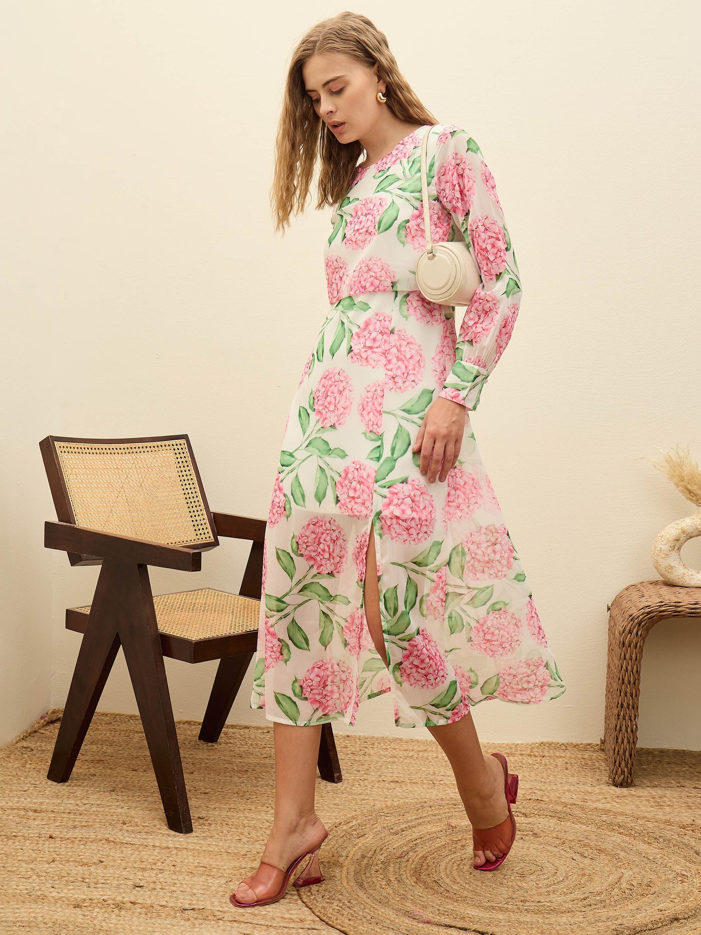 Women White Floral Front Yoke Midi Dress