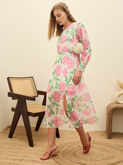 Women White Floral Front Yoke Midi Dress