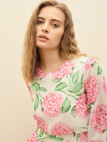 Women White Floral Front Yoke Midi Dress