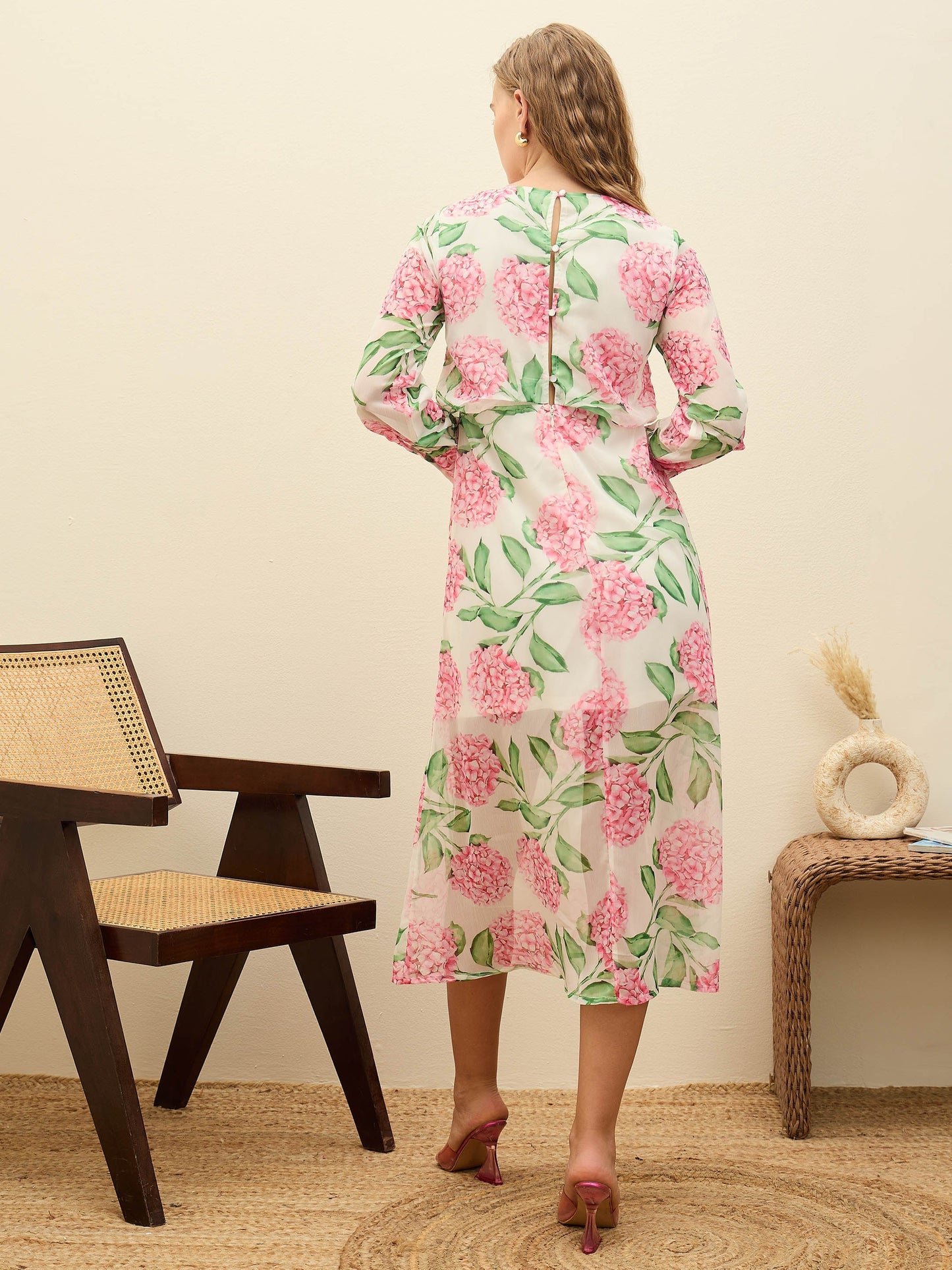 Women White Floral Front Yoke Midi Dress