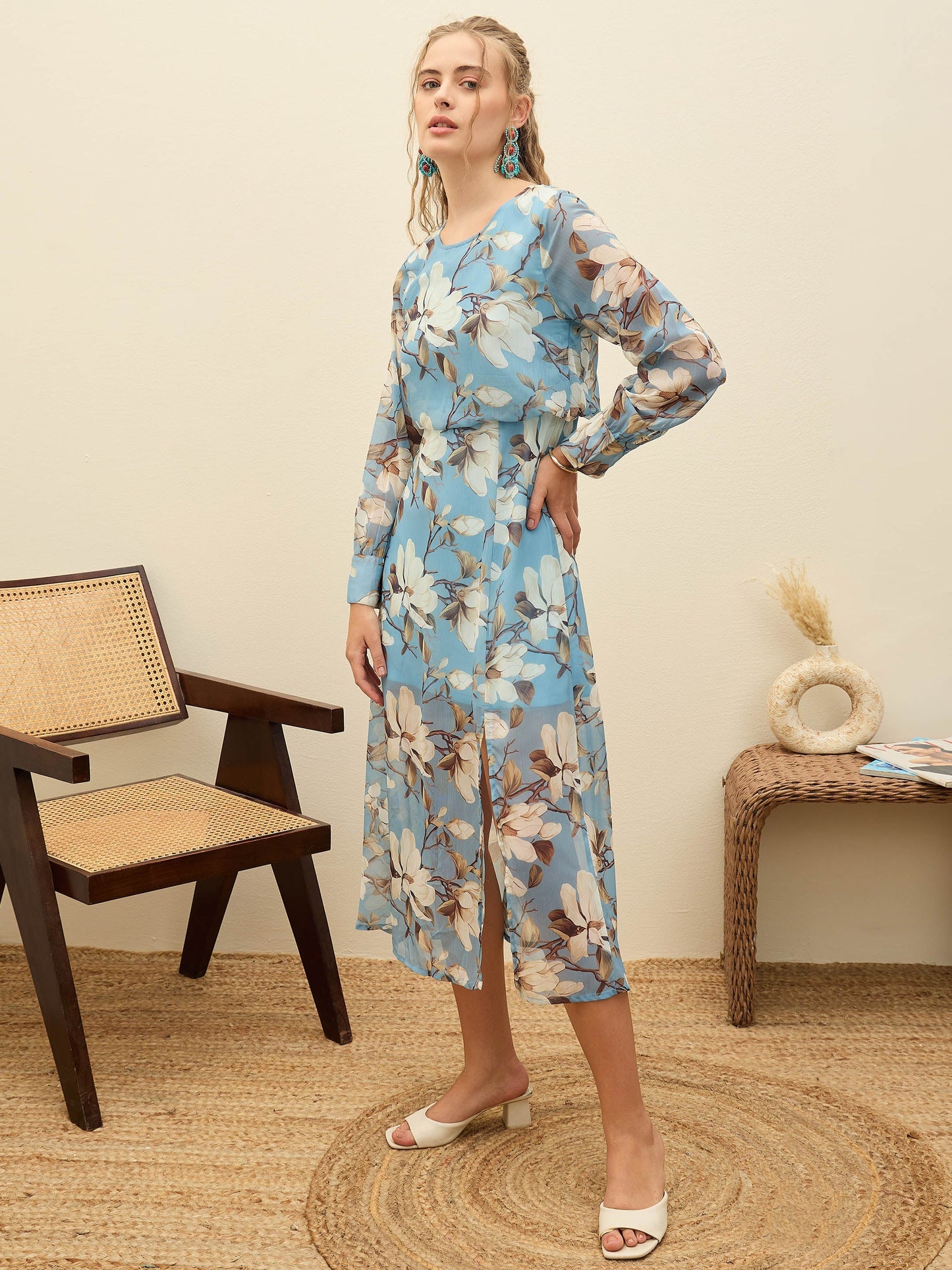 Women Blue Floral Front Yoke Midi Dress