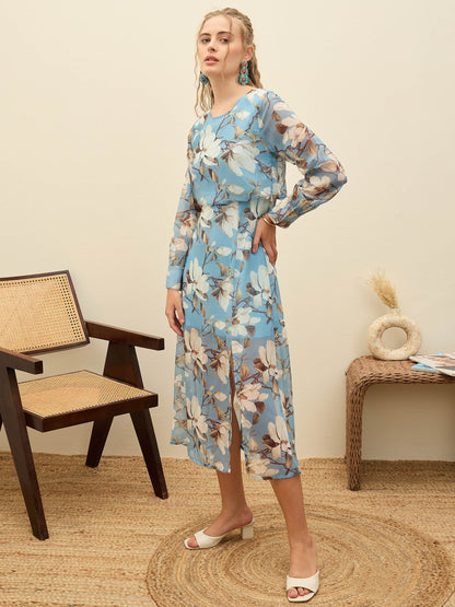 Women Blue Floral Front Yoke Midi Dress