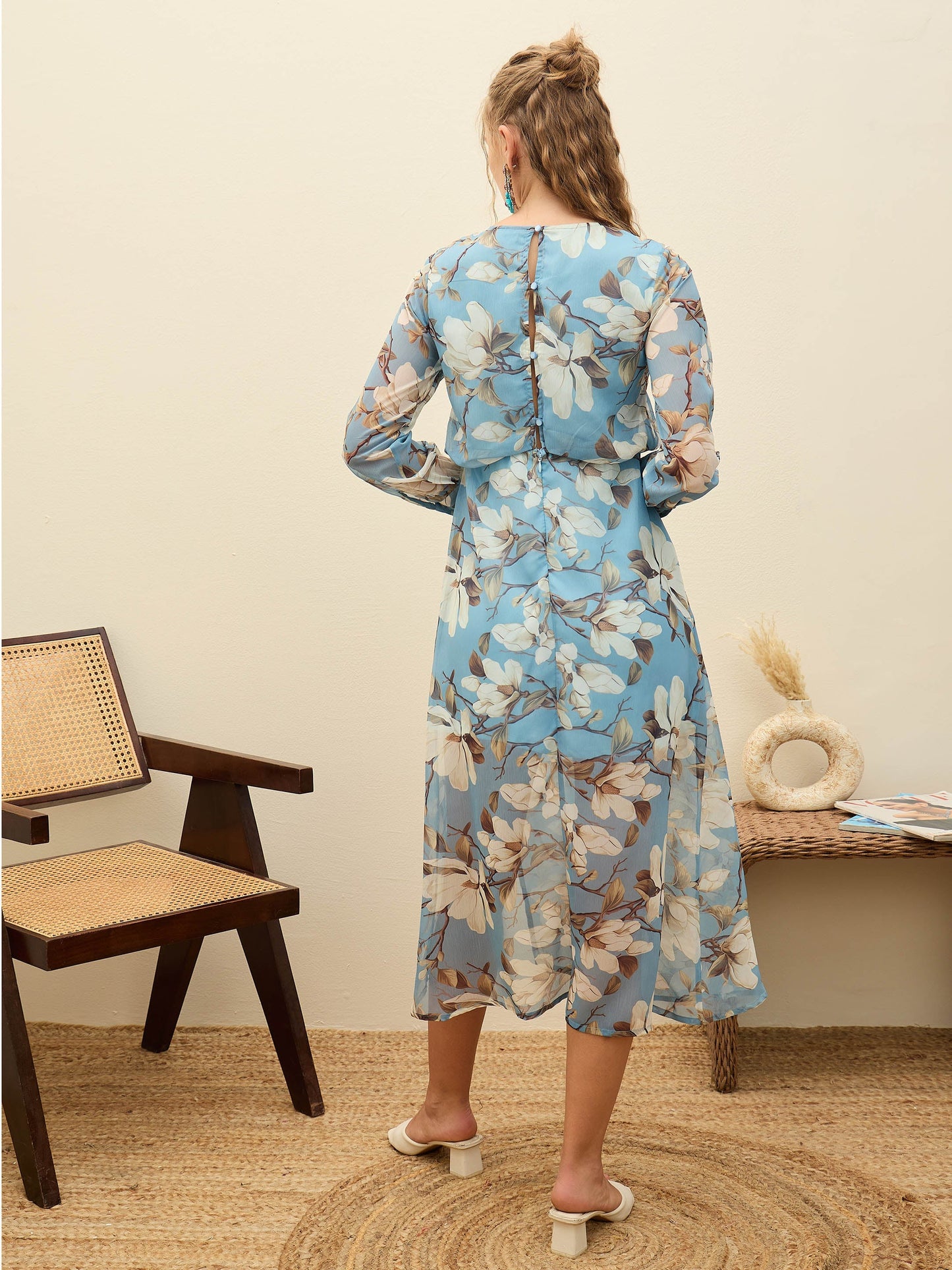 Women Blue Floral Front Yoke Midi Dress