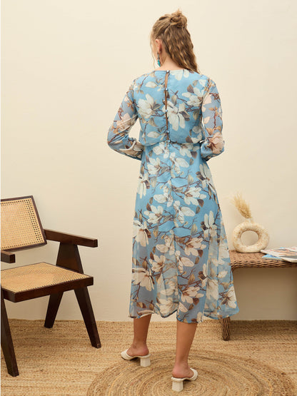 Women Blue Floral Front Yoke Midi Dress