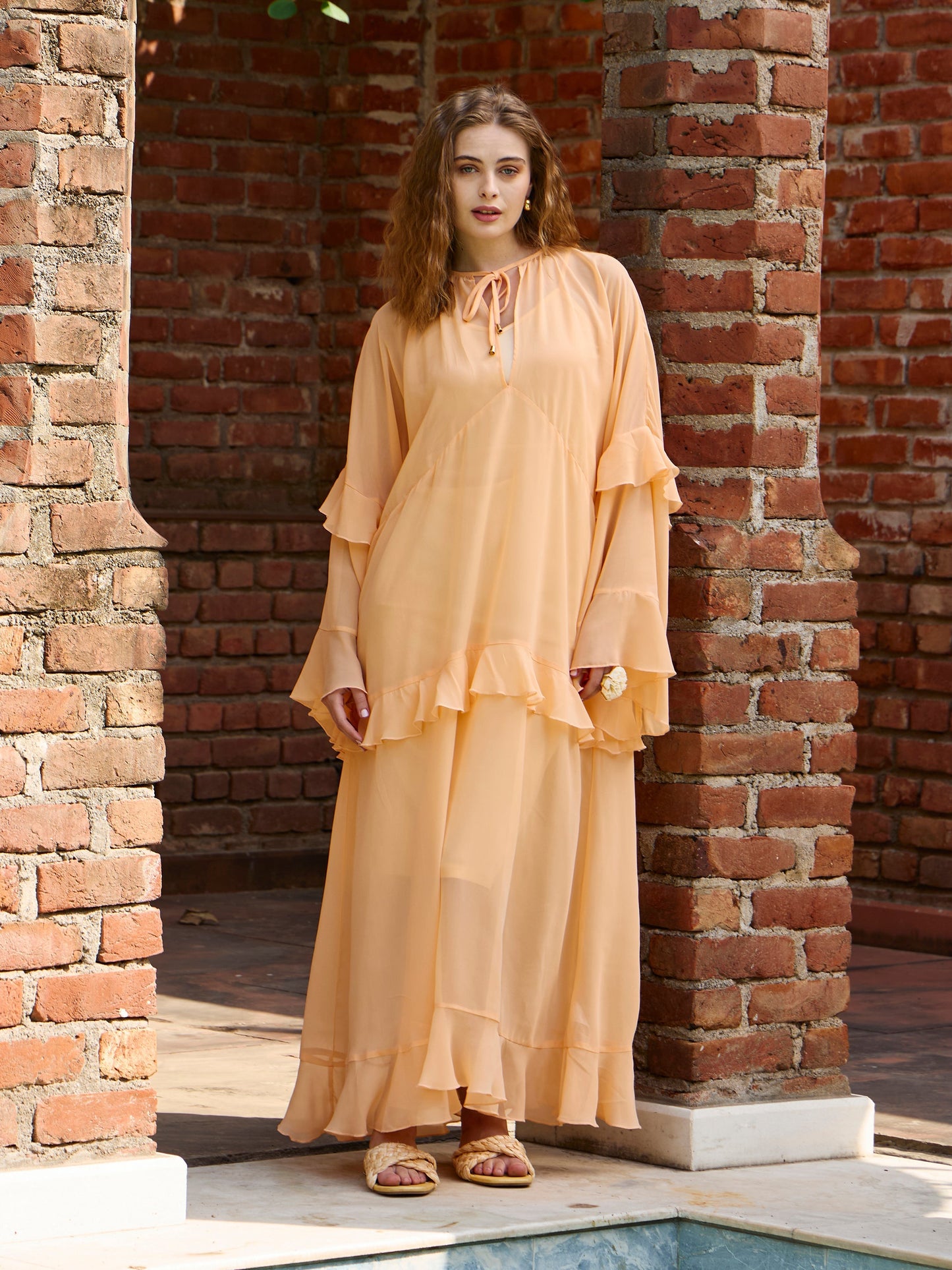 Women Peach Solid Loose Fit Maxi Dress