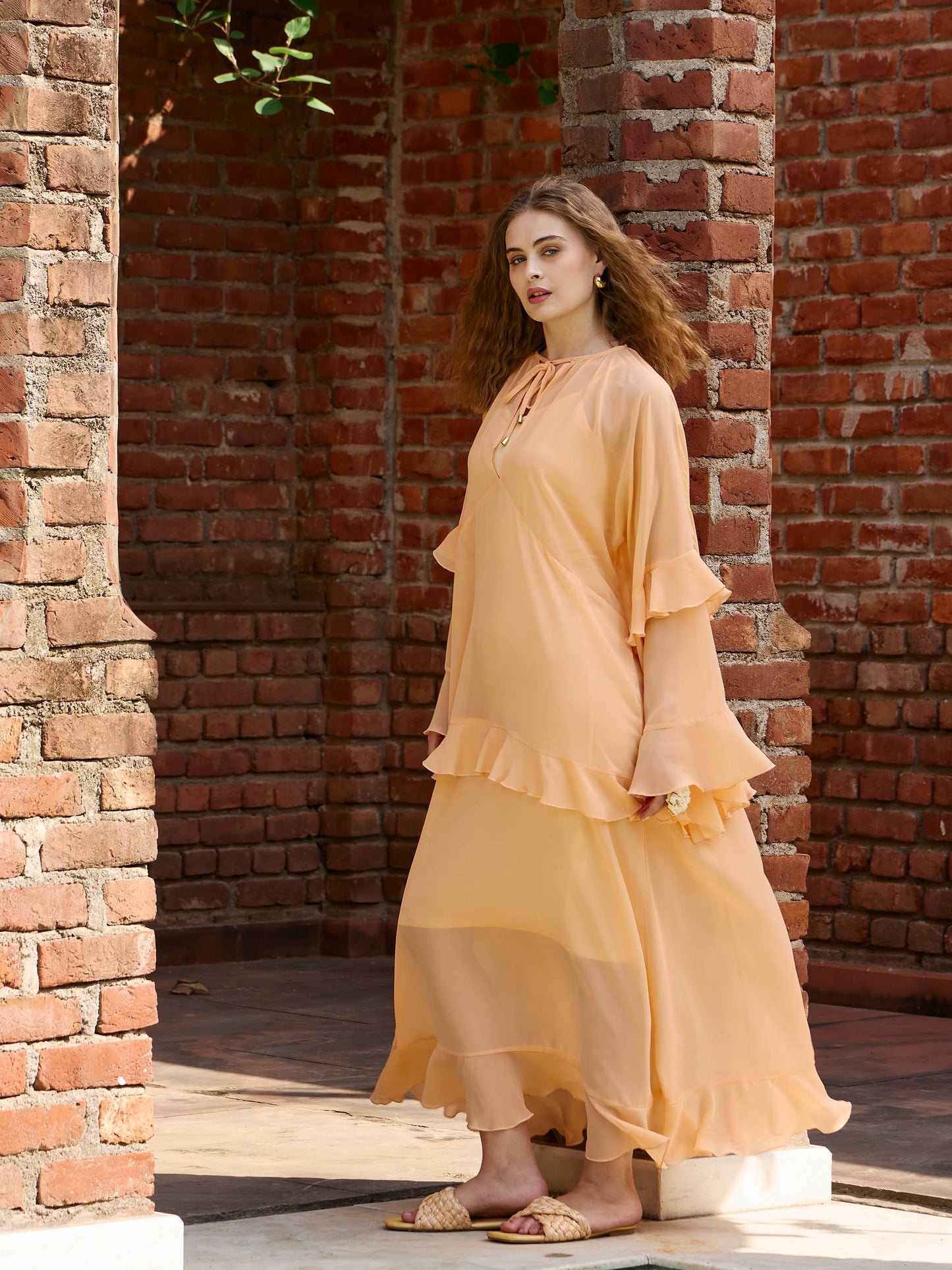 Women Peach Solid Loose Fit Maxi Dress